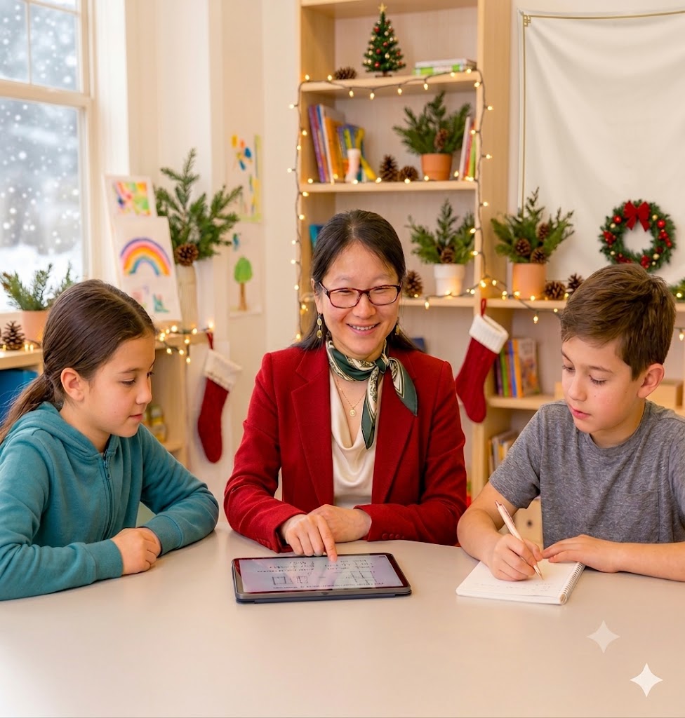 Sisi teaching two children using a tablet in her classroom