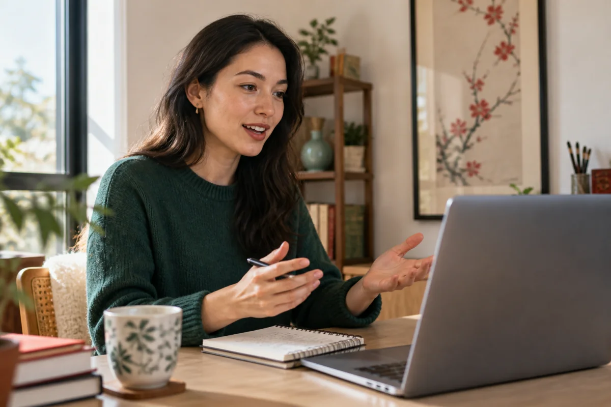 Illustrative scene of an adult practicing spoken Mandarin during an online lesson